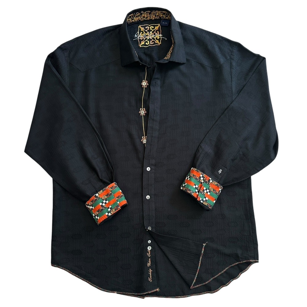 Robert Graham Shirt Men's XL Black Embroidered Placket Floral Buttons Flip Cuff